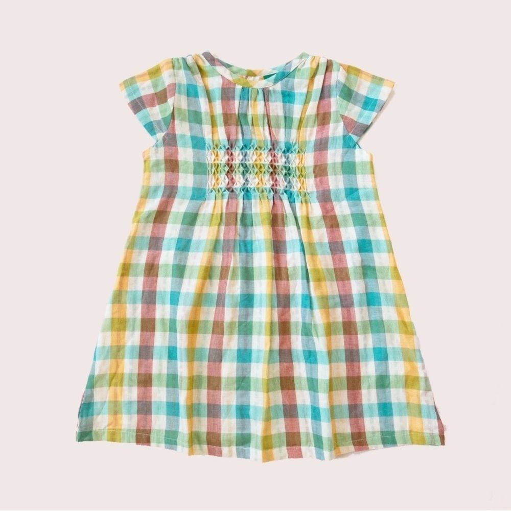 Little Green Radicals rainbow smock dress size 5/6 100% organic cotton colorful